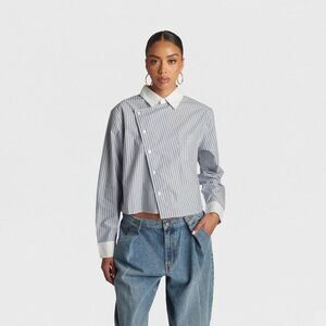 KBB by KAHLANA Women's Cropped Asymmetric Shirt - Light Blue Stripe M